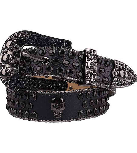 Black Leather Belt And Black Buckle Studded with Black Rhinestones
