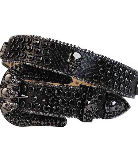 Black Leather Belt And Black Buckle Studded with Black Rhinestones