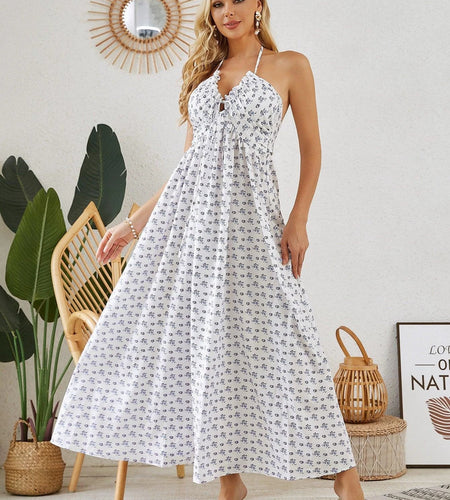 Bohemian Halter Maxi Dress - Women's Summer Sleeveless Flowy Beach Dress